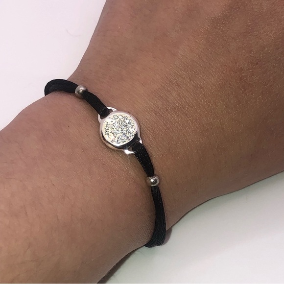 STERLING Silver & CZ Black Cord Bracelet 7” - Vintage - Picture 5 of 9